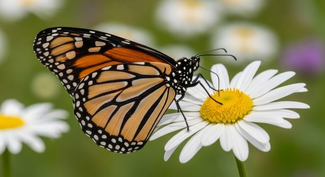 Monarch Butterfly Feeding on Wildflower Nectar in Natural Meadow Macro Wildlife Photography