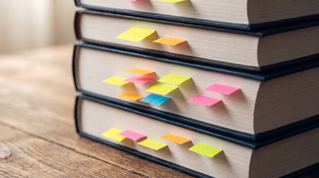 A close-up view of a stack of thick hardcover books on a rustic wooden table, organized with many vibrant neon-colored sticky notes for research and study.