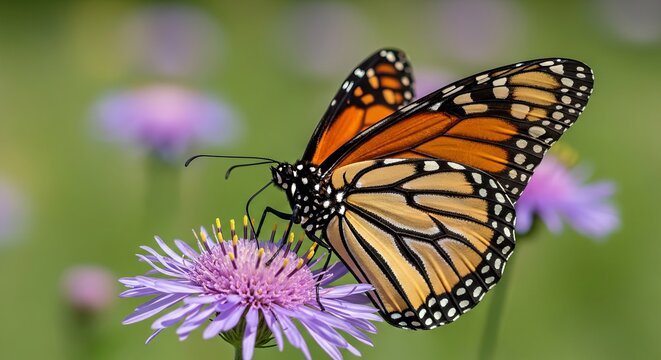 Monarch Butterfly Feeding on Wildflower Nectar in Natural Meadow Macro Wildlife Photography
