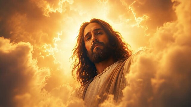 A cinematic depiction. Jesus Christ looks down upon the earth from among the clouds.