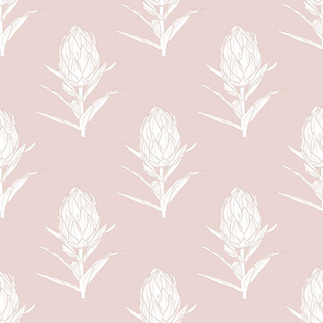 Elegant hand-drawn Protea floral repeat pattern on a neutral taupe background. Great for home decor textiles, wallpaper, upholstery, stationery, and modern surface pattern collections.