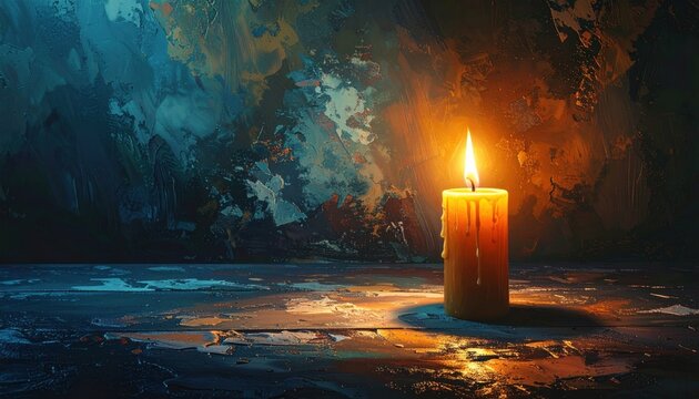 A glowing candle on a wood surface against an abstract, textured, moody painted background