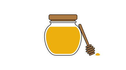 Honey jar sits beside a wooden dipper with a small drop of golden nectar on a white surface. © Awais