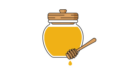 Honey jar features an open wooden dipper dripping nectar to illustrate a raw and fresh food concept. © Awais