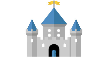 Castle fortress design displays a classic stone structure with blue turrets and a central gold flag. © Awais