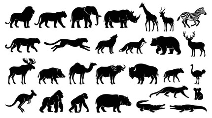 Wild animal silhouette vector collection with black wildlife safari animal set isolated on white background © Liton