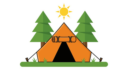 Camping tent stands under the bright sun in a forest clearing for an outdoor leisure adventure. © Awais