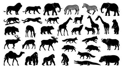 Black wild animal silhouette set with safari wildlife vector collection isolated on white background © Liton
