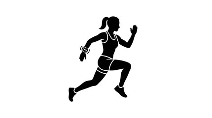 Obraz premium Black silhouette of a woman running with a fitness tracker.