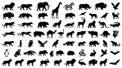 Wildlife animal silhouette vector set with black safari mammals isolated on white background © Liton