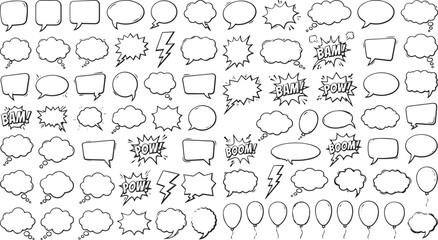 Fototapeta premium Diverse collection of hand drawn comic book speech bubbles and explosion effects for graphic design