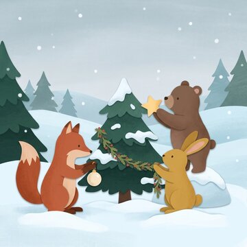 Woodland Animals Decorating Christmas Tree in Snowy Forest