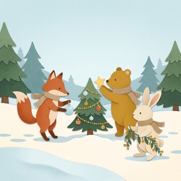 Fox, Bear and Rabbit Around Decorated Christmas Tree