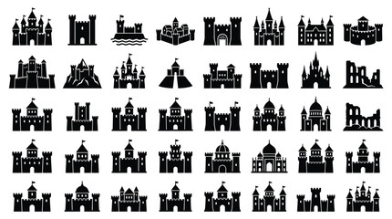 Large set of forty black silhouette icons featuring various architectural styles of medieval castles, royal palaces, fortified strongholds, and ancient ruins on a white background. © Saida Nahdhoh