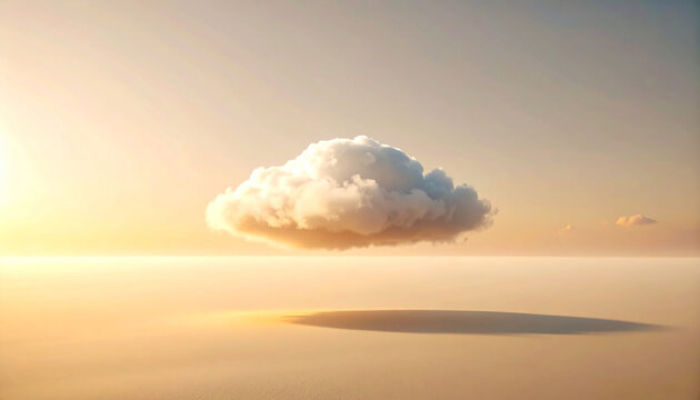 Minimalist abstract background with single white fluffy cloud floating on beige sky space with soft shadow3