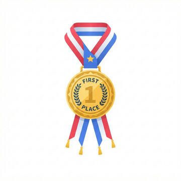 Golden first place achievement medal featuring a decorative red white and blue ribbon ornament on a clean white background for sports awards