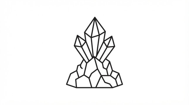 Minimalist geometric crystal formation illustration featuring sharp pointed mineral structures rising from a rocky geological base on white background
