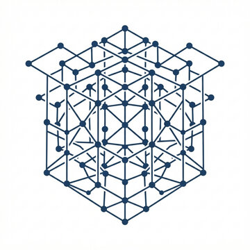 Abstract geometric cube structure composed of interconnected nodes and lines representing network connectivity and digital data framework systems