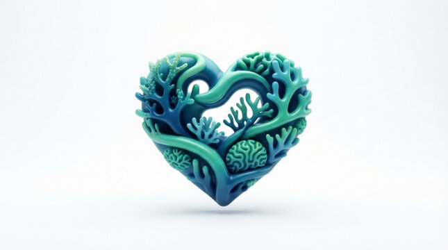 Abstract heart shaped coral reef sculpture featuring vibrant shades of teal and blue on a clean minimalist white background for conceptual ocean art