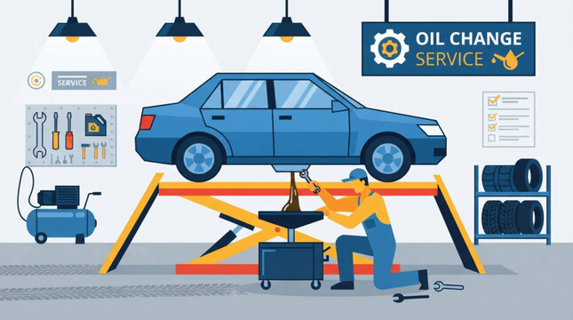 Professional automotive oil change service illustration featuring a mechanic working on a car raised on a hydraulic lift inside a modern workshop
