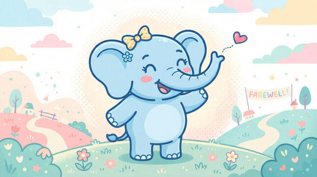 Cheerful cartoon elephant character wearing a bow and blowing a heart kiss in a whimsical pastel landscape with a farewell banner in the background