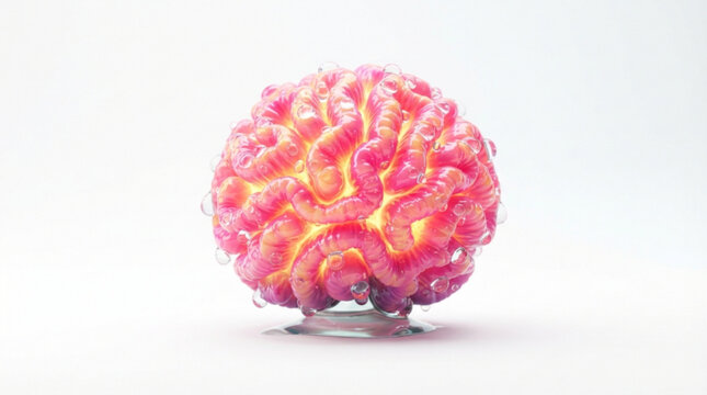 Vibrant pink and yellow bioluminescent brain coral sculpture featuring clear water droplets on a minimalist white background for a modern artistic display