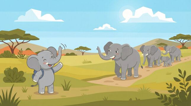 A cute cartoon baby elephant with a backpack waving goodbye to a group of elephants walking on a dirt path through a sunny with elephant wearing blue