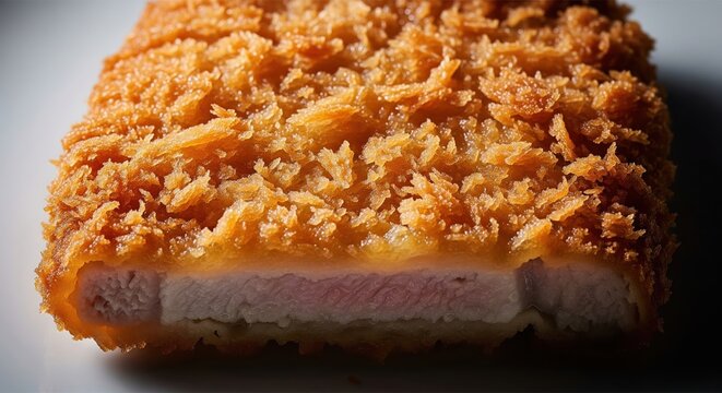 Crispy golden fried pork cutlet tonkatsu close up on a white background