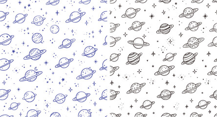 Seamless pattern set of hand-drawn doodle style space planets celestial stars cosmic elements on a clean white background outer space science fiction line art space theme universe © Kanon Islam