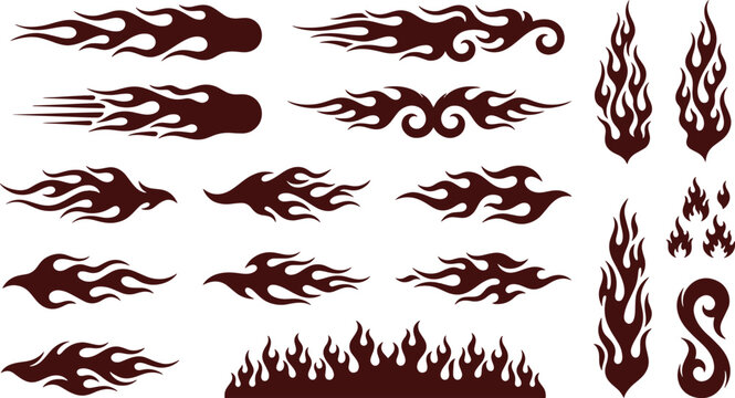 Collection of various hot rod tribal flame vector graphics and fire design elements for automotive decals and sticker art with fire effect flame pattern abstract automotive collection