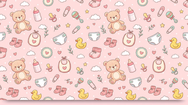 Seamless pink baby nursery pattern with cute teddy bears and rubber ducks.