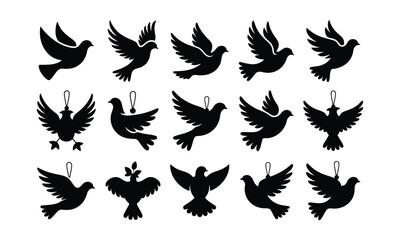 Fototapeta premium Dove black silhouette vector illustration set isolated on white background.