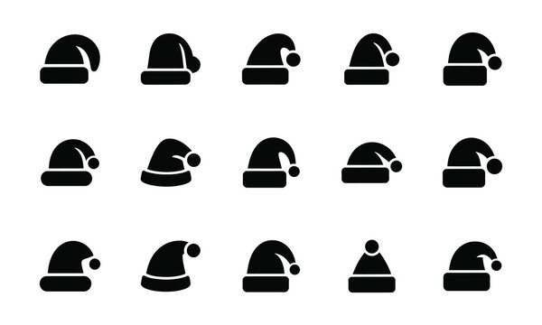 Set of 15 santa claus hat icons in glyph style for christmas holiday.