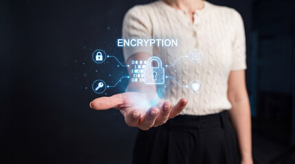 Obraz premium Encryption Cybersecurity Hologram Held by Businesswoman