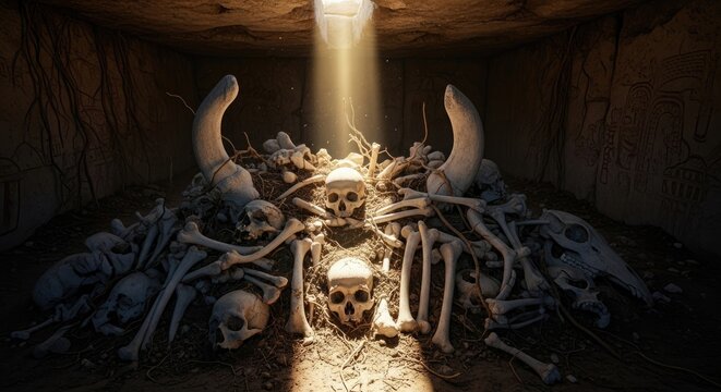 Pile of animal bones in darkness.