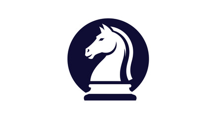 White chess knight horse on dark blue circular badge. © RAHAYU