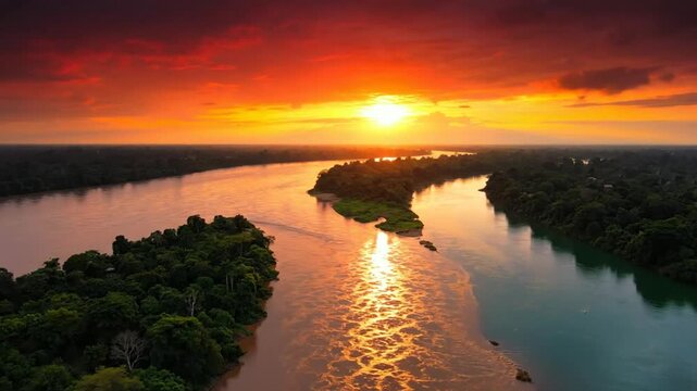 Breathtaking aerial view of a vibrant sunset over a lush green river landscape, calm atmosphere.