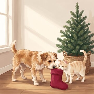 Dog and Cat Exploring Christmas Stocking by Potted Tree