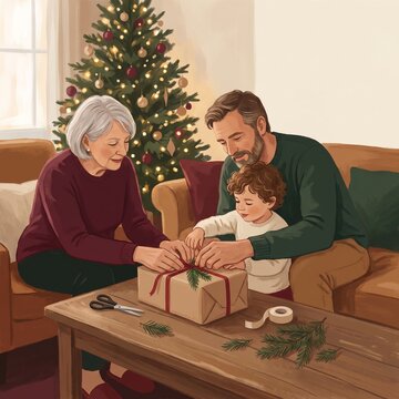 Three People Tying Ribbon on a Christmas Present