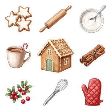 Christmas Baking Clipart Set with Gingerbread House and Cookies