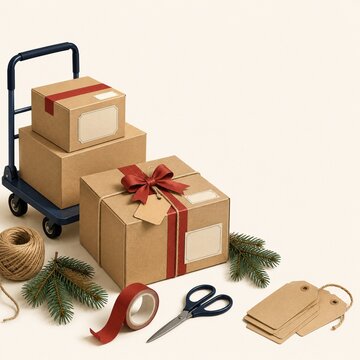 Christmas Gift Packing Supplies with Boxes and Hand Truck