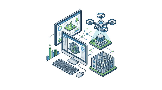 Isometric Illustration of Drone Technology for Smart Building and Construction Monitoring.