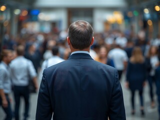 Fototapeta premium Generative AI depicts a professional man observing a busy crowd in an urban environment