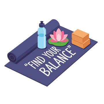 Isometric yoga mat set with water bottle lotus and find your balance quote