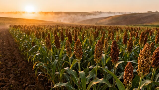 Golden Sorghum Field with Mature Grain Heads at Sunrise