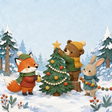 Woodland Animals Decorating Christmas Tree in Snowy Forest