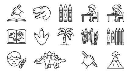 Modern Black and White Line Set of Educational and Dinosaur Themed Icons for Kids with high quality professional line art symbols for modern creative design and digital branding projects © Adella