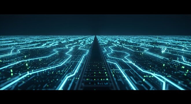 Digital blue glowing circuit board pathways toward horizon