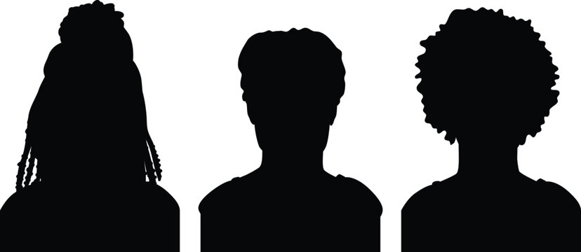 Diverse people avatar heads set vector solid black minimalist silhouettes with various hairstyles including braids and afro isolated on white.