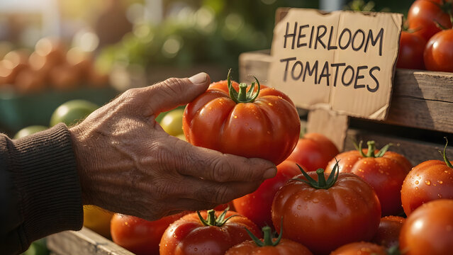 Heirloom Tomato Selection: A weathered hand gently cradles a ripe, vibrant heirloom tomato at an outdoor market stall, surrounded by a bounty of fresh produce.
